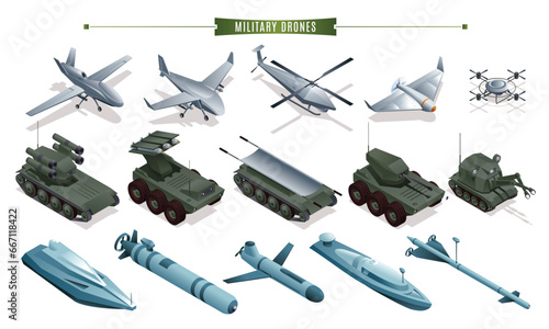 Military Drones. Unmanned aerial, ground unmanned vehicles, surface and underwater unmanned vehicles vector collection set isometric icons on isolated background