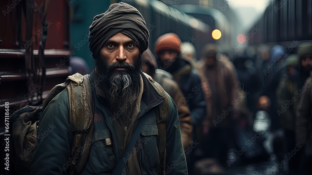 Portrait of a bearded Indian Sikh man wearing turban walking in the street