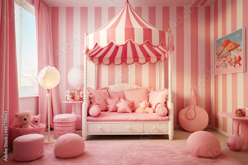 Fun and playful girl's room reminiscent of a pink candy land. Striped pink and white walls, candy-shaped cushions, and a pink four-poster bed make for a sweet escape