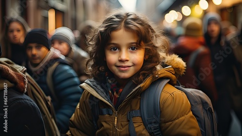 Portrait of a cute little girl on the background of a crowd of people