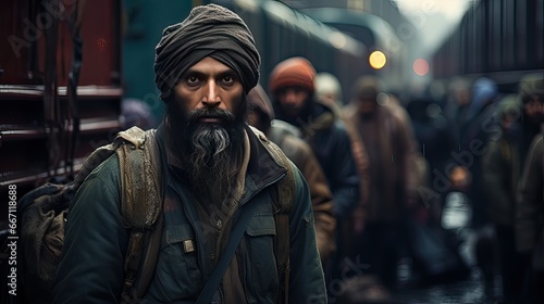 Portrait of a bearded Indian Sikh man wearing turban walking in the street