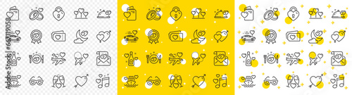 Wedding car, marriage rings, love. Honeymoon line icons. Bridal champagne, Valentine heart icons. Couple tickets, honeymoon travel, married night. Wedding music, love lock. Vector