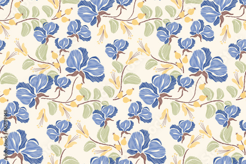 Pattern embroidery ethnic floral seamless. Flower motifs paisley print template. Blue watercolour flowers ikat design hand drawn. Vector illustration. 
