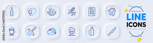 Home grill, Ice cream and Water bottle line icons for web app. Pack of Vegetables, Food delivery, Table knife pictogram icons. Fish grill, Salad, Cooking whisk signs. Coffee vending. Vector