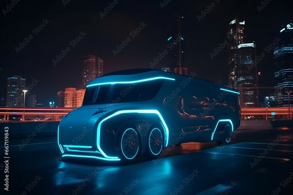 Futuristic transportation truck at ride on the highway and cityscape at night generative ai