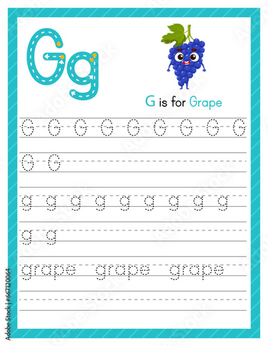 Trace letter G uppercase and lowercase. Alphabet tracing practice preschool worksheet for kids learning English with cartoon grape. Activity page for Pre K, kindergarten. Vector illustration