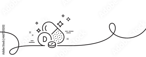 Vitamin D line icon. Continuous one line with curl. Food nutrient sign. Capsule or pill supplement symbol. Vitamin D single outline ribbon. Loop curve pattern. Vector