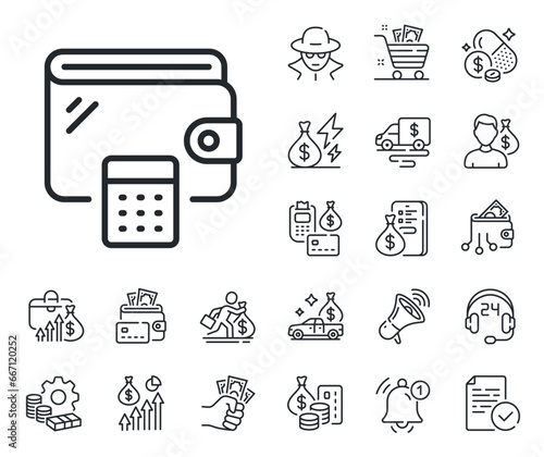 Money purse with calculator sign. Cash money, loan and mortgage outline icons. Wallet line icon. Cash budget symbol. Wallet line sign. Credit card, crypto wallet icon. Inflation, job salary. Vector
