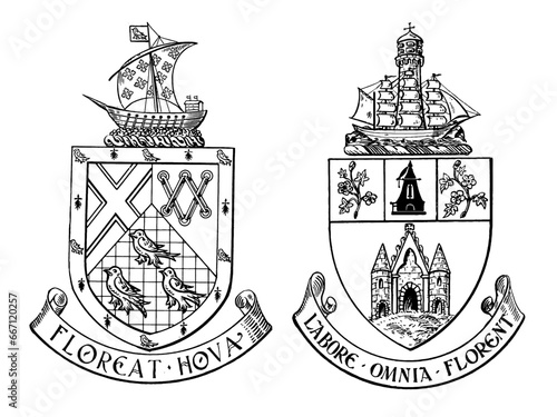 Vector heraldic set of coat of arms with sailing ships in vintage engraved style