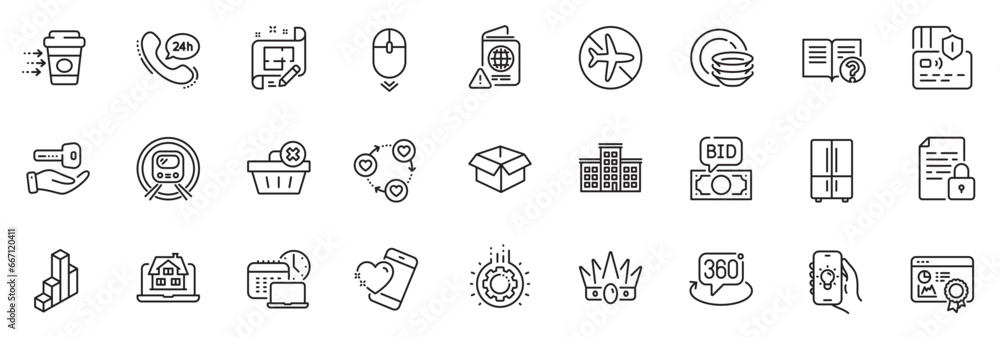 Icons pack as Electric app, Realtor and Work time line icons for app include 360 degree, Friends community, Metro subway outline thin icon web set. Architect plan, Card, Refrigerator pictogram. Vector