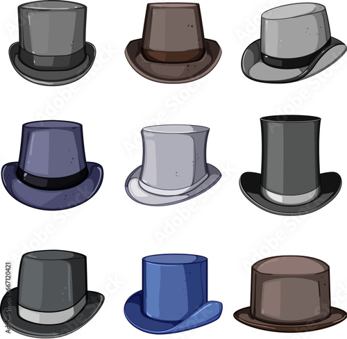 cylinder hat set cartoon. cap top, elegant vintage, retro gentleman cylinder hat sign. isolated symbol vector illustration