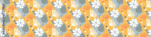 Midcentury modern floral vector endless vector border. Organic summer gender neutral 70s matisse banner.