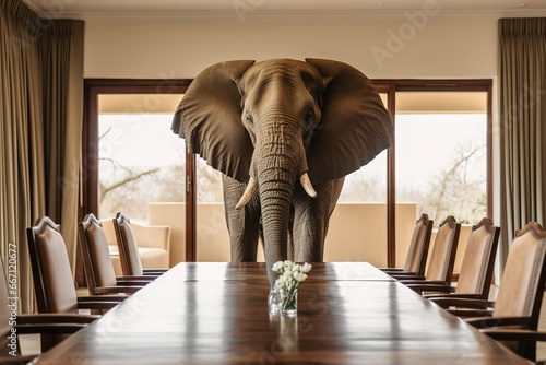 Redewendung: Der Elefant im Raum. Ein großer Elefant steht im Büro beim Vorstand zum Business Meeting am Tisch.  
