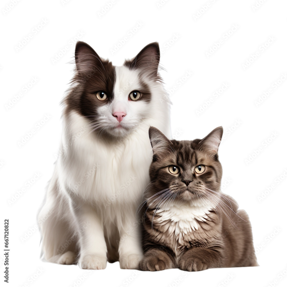Front view close up of Husky and Ragdoll Cat isolated on a white transparent background