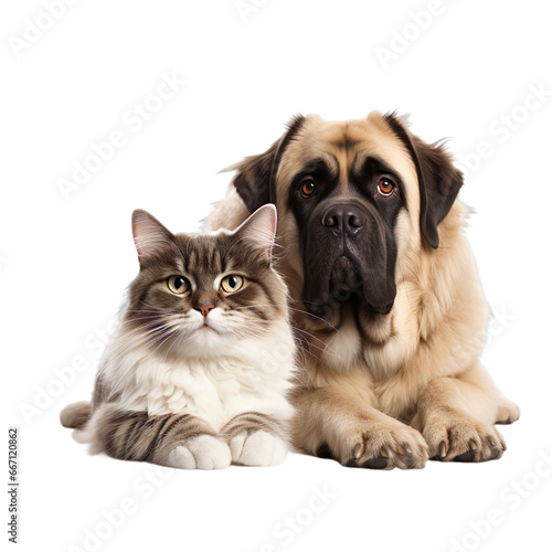 Front view close up of Mastiff and Ragdoll Cat isolated on a white transparent background © SuperPixel Inc