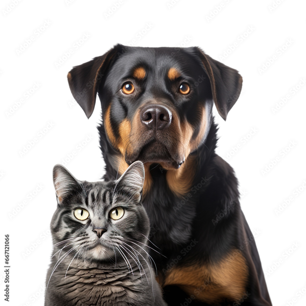 Front view close up of Rottweiler and Russian Blue Cat  isolated on a white transparent background
