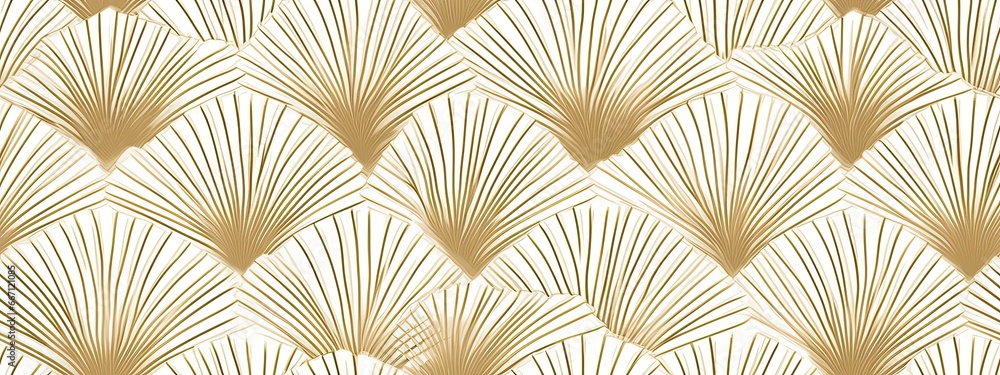 Seamless golden art deco diamond palm fan, shell line pattern. Vintage 1920 geometric gold plated relief sculpture on background. Modern elegant metallic luxury backdrop Seamless golden art deco diamond palm fan, shell line pattern. Vintage 1920 geometric gold plated relief sculpture on background. Modern elegant metallic luxury backdrop