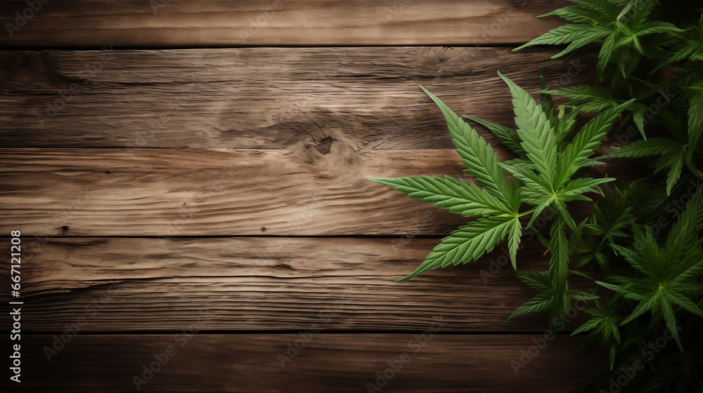 Marijuana leaves, green on a wooden background with copy space Marijuana leaves, green on a wooden background with copy space