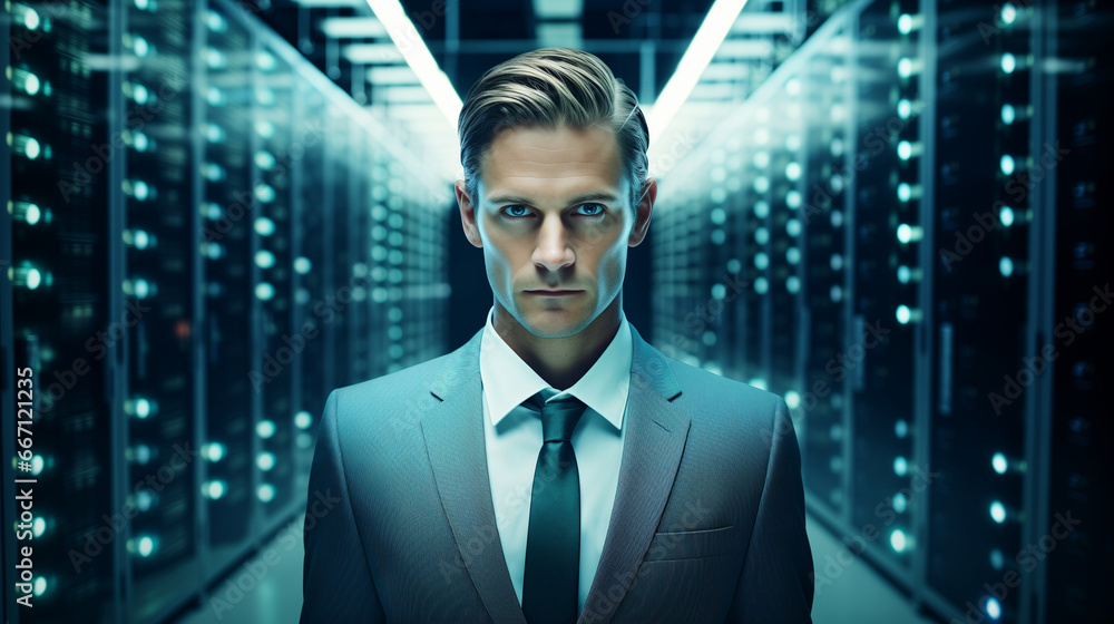 A focused businessman in a modern data center A focused businessman in a modern data center