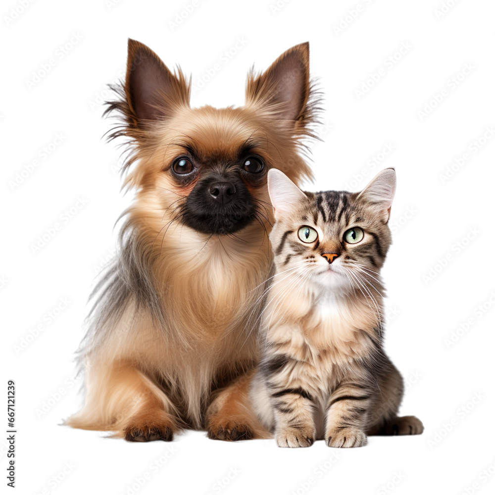 Front view close up of Yorkshire Terrier and Siamese Cat isolated on a white transparent background