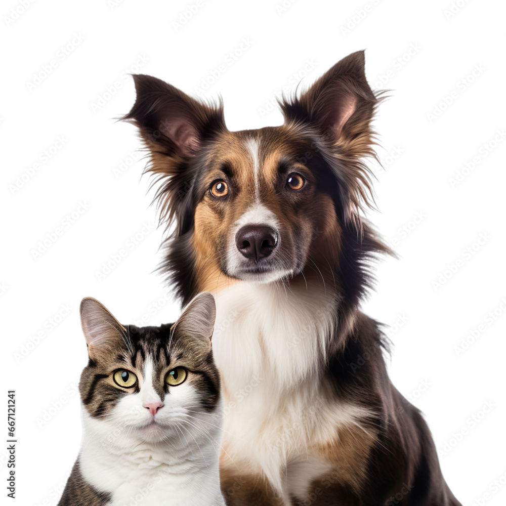 Front view close up of Border Collie and Abyssinian Cat isolated on a white transparent background Front view close up of Border Collie and Abyssinian Cat isolated on a white transparent background