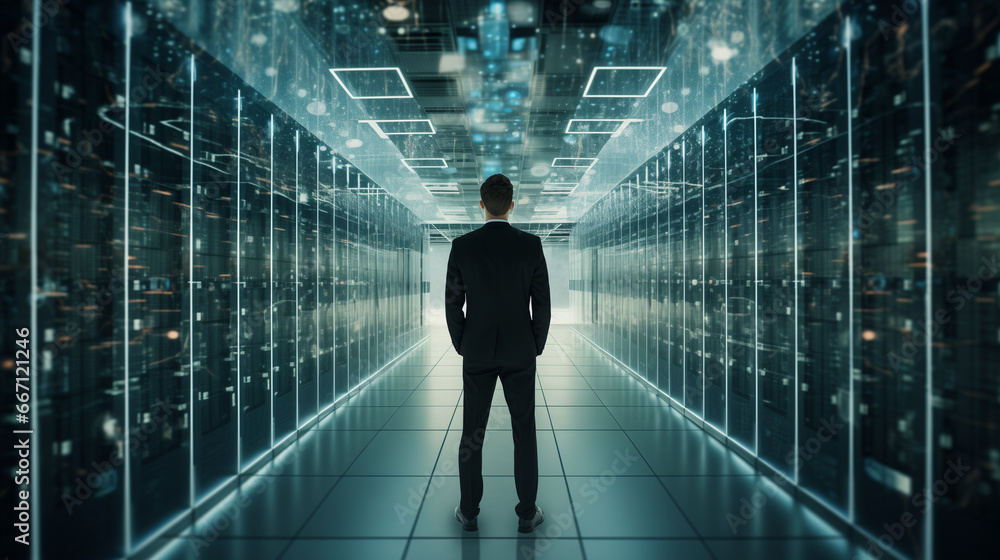 A focused businessman in a modern data center A focused businessman in a modern data center
