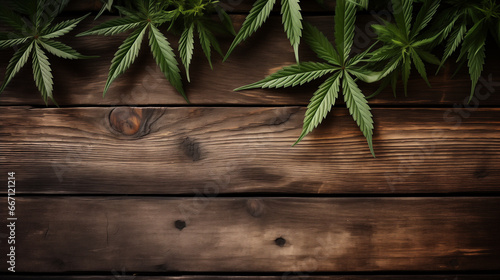 Marijuana leaves, green on a wooden background with copy space