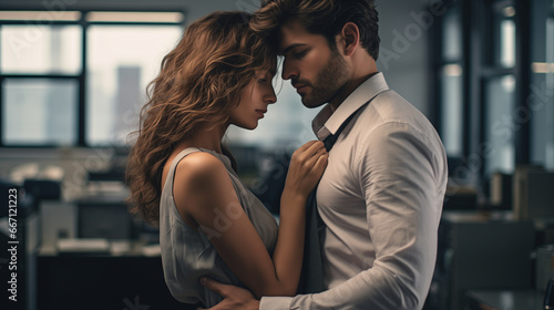 A pair of office workers embracing in an empty office, the concept of a workplace romance photo