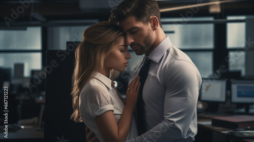 A pair of office workers embracing in an empty office, the concept of a workplace romance