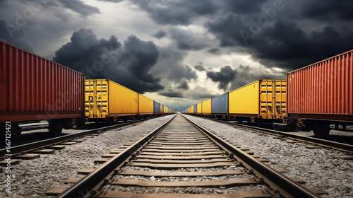A freight train carries containers at sunset.