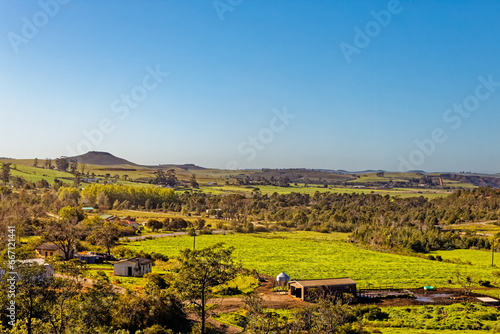 Landscape of lush green farms in Eden District near Riversdale in the Western Cape, South Africa