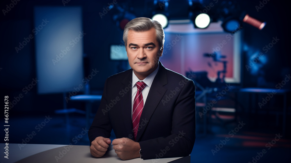 portrait of TV announcer man in a modern tv studio news - obrazy, fototapety, plakaty 