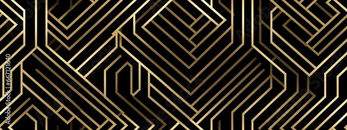 Seamless golden art deco optical illusion striped squares line pattern. Vintage 1920 abstract geometric gold plated relief, black background. Modern elegant metallic luxury backdrop
