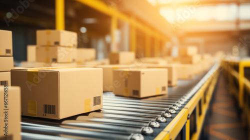 multiple cardboard box packages moving along a conveyor belt in a bustling warehouse fulfillment center, showcasing the essence of delivery, automation, and a wide range of products © sandsun