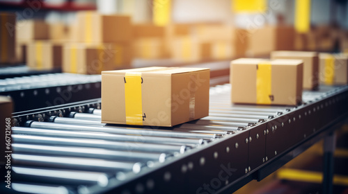 multiple cardboard box packages moving along a conveyor belt in a bustling warehouse fulfillment center, showcasing the essence of delivery, automation, and a wide range of products photo