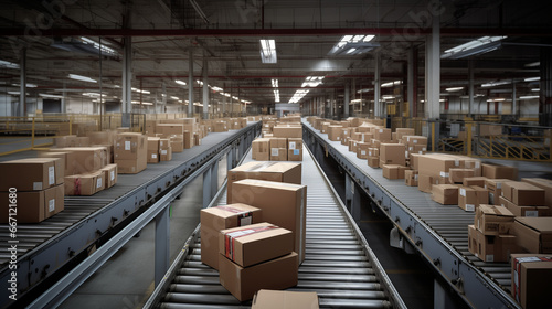 multiple cardboard box packages moving along a conveyor belt in a bustling warehouse fulfillment center, showcasing the essence of delivery, automation, and a wide range of products