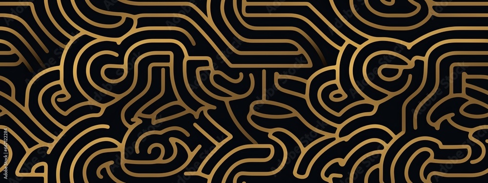 Seamless golden labyrinth maze pattern. Vintage abstract gold plated relief sculpture, black background. Elegant metallic luxury backdrop. Maximalist gilded game concept wallpaper