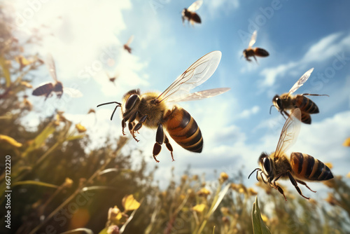 Flight of the Pollinators: Honey Bees in Energetic Motion, A Symphony of Nature's Work