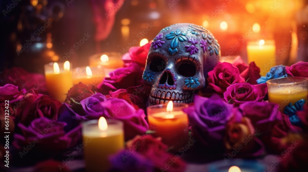 Intricate design sugar skull amidst vibrant flowers and glowing candles. Traditional Mexican culture. Intricate design sugar skull amidst vibrant flowers and glowing candles. Traditional Mexican culture.