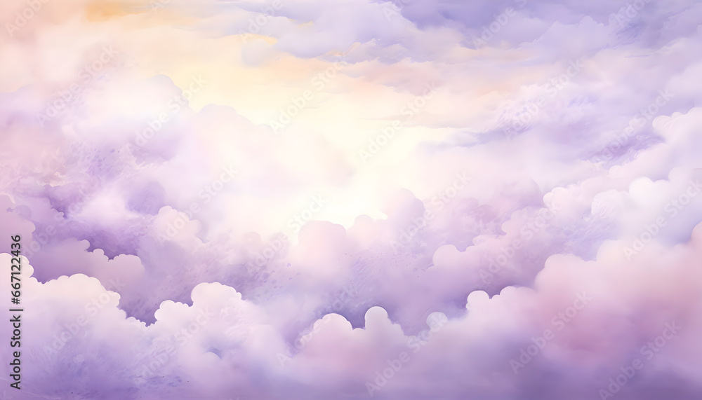Purple sky with clouds background. Pastel clouds effect. Watercolor backdrop clouds. 
