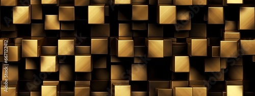 Seamless golden stacked geometric cubes pattern. Vintage abstract gold plated relief, dark black background. Modern elegant metallic luxury backdrop.