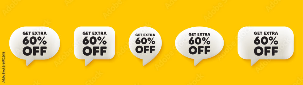 Get Extra 60 percent off Sale. 3d chat speech bubbles set. Discount offer price sign. Special offer symbol. Save 60 percentages. Extra discount talk speech message. Talk box infographics. Vector Get Extra 60 percent off Sale. 3d chat speech bubbles set. Discount offer price sign. Special offer symbol. Save 60 percentages. Extra discount talk speech message. Talk box infographics. Vector