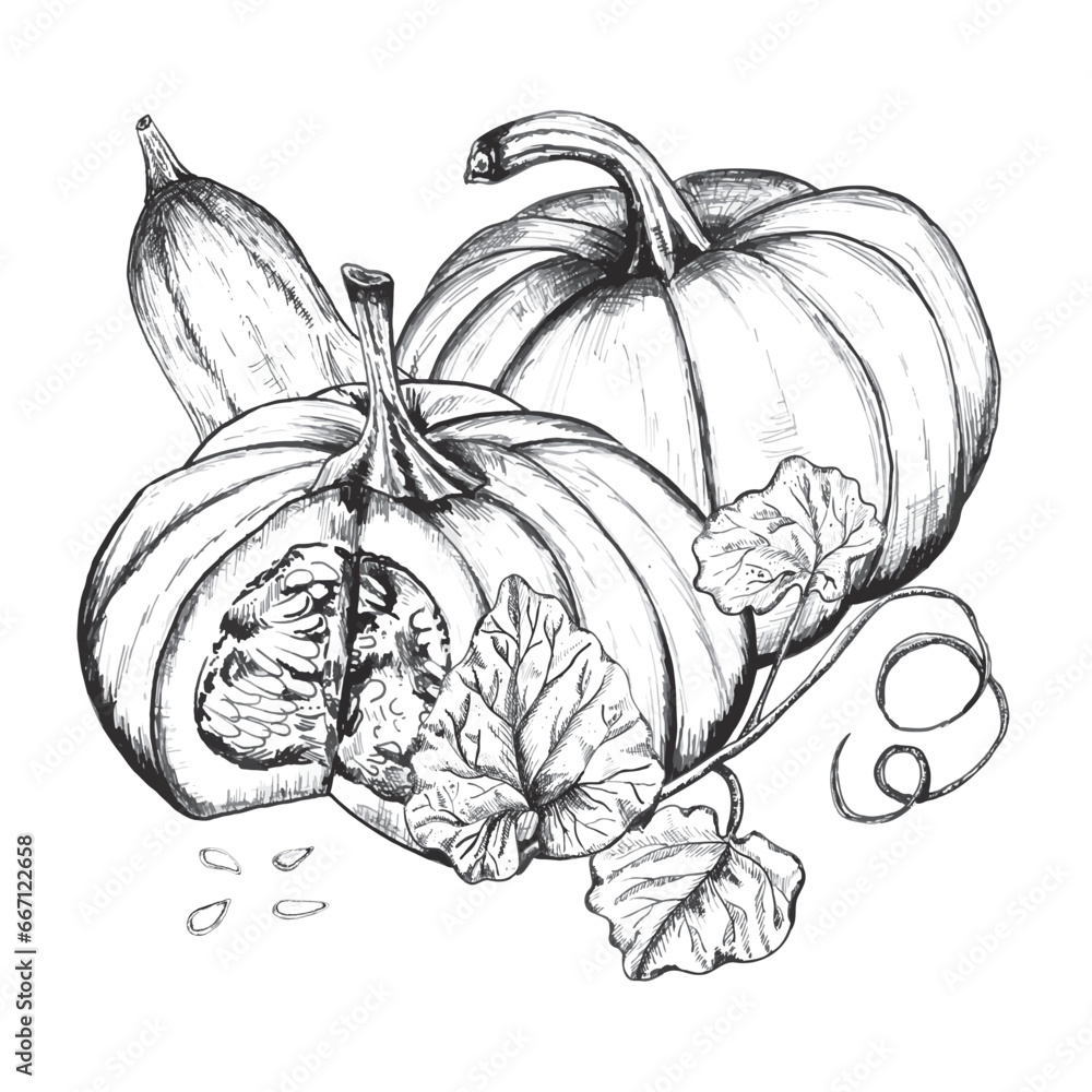 Hand-drawn ink illustration. Three big pumpkins with leaves and seeds for any print design. Vector Hand-drawn ink illustration. Three big pumpkins with leaves and seeds for any print design. Vector