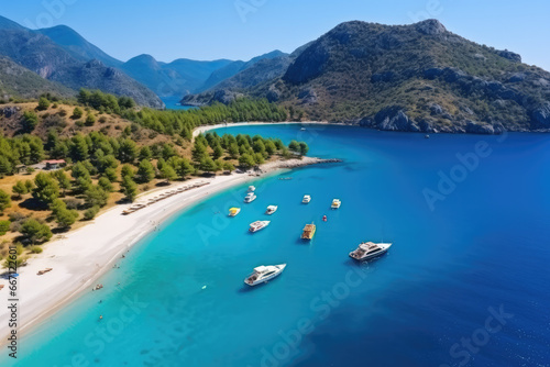 Fototapeta Naklejka Na Ścianę i Meble -  Aerial drone view of Oludeniz Blue Lagoon with turquoise sea, paradise white sand beach and tourist boat