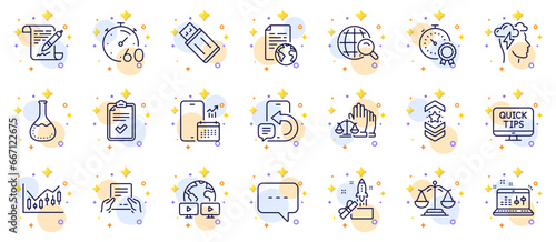 Outline set of Checklist, Financial diagram and Video conference line icons for web app. Include Best result, Agreement document, Phone calendar pictogram icons. Shoulder strap. Vector