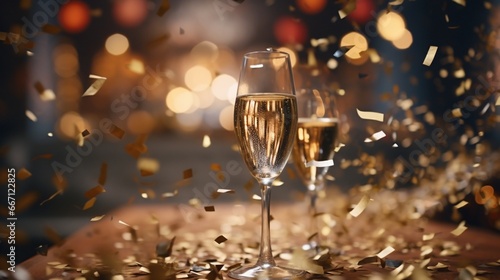 A close-up shot of a champagne glass surrounded by a sea of confetti  toasting to a fresh start.