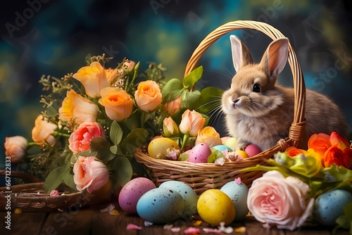 easter bunny with basket of eggs photo