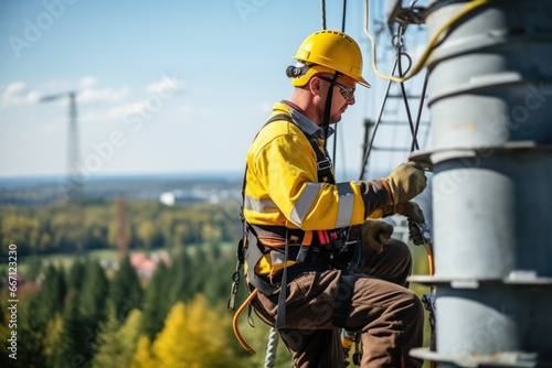  Variation 25 Sep at 1:17 pmElectrician in workwear is climbing a high power electric line tower. He has work helmet.