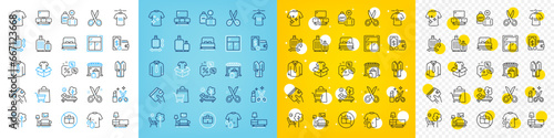 Vector icons set of Cut, Dry t-shirt and Beauty line icons pack for web with Market, Baggage, Clean t-shirt outline icon. Shirt, Dresser, Clothing pictogram. Sale bags, Discounts chat, Wallet. Vector