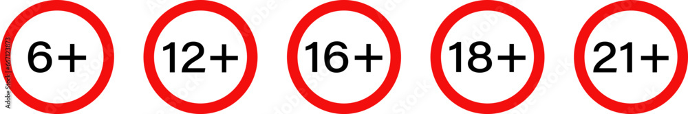 Age restriction signs. Age limit 6+, 12+, 16+, 18+, 21+. Red censorship sign on a transparent background. Vector EPS 10 - obrazy, fototapety, plakaty 
